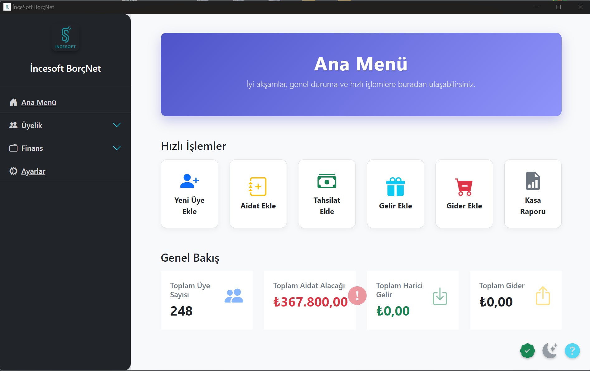 İnceSoft BorçNet Ana Ekran